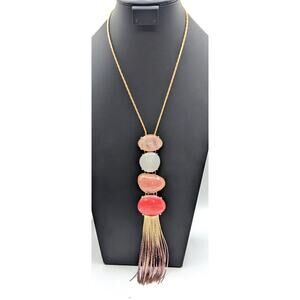 Gold Tone Pull Chain Up to 36" Stone & Acrylic Ombre Tassel Fringe Long Necklace